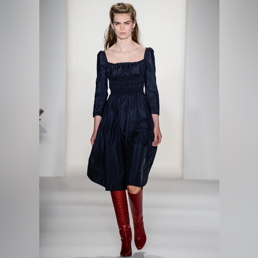 Brock Collection Smocked Square-Neck Midi Dress Navy Size 8 Spring 2017 Runway